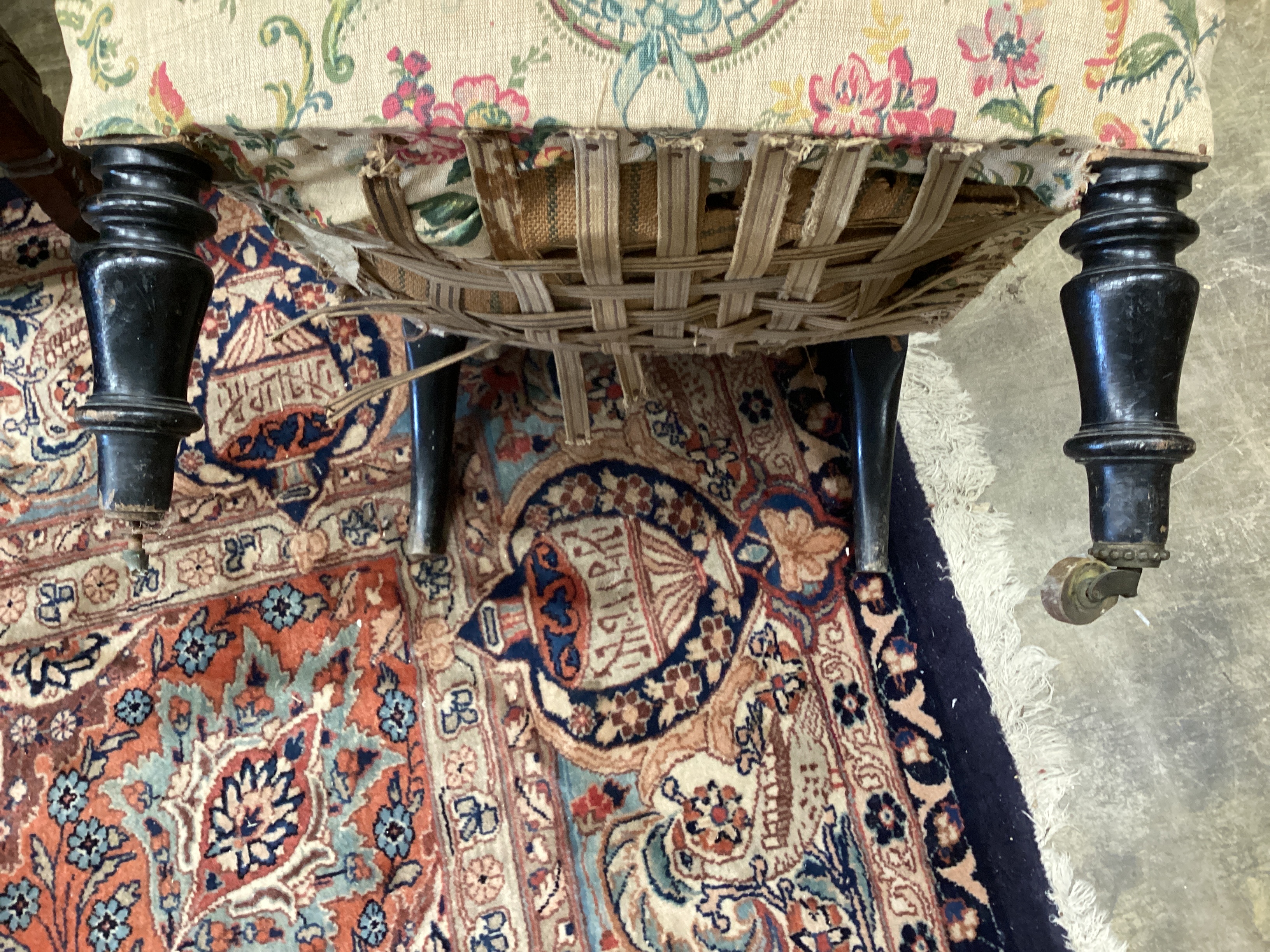 A pair of Victorian scroll frame nursing chairs, width 50cm, depth 65cm, height 79cm